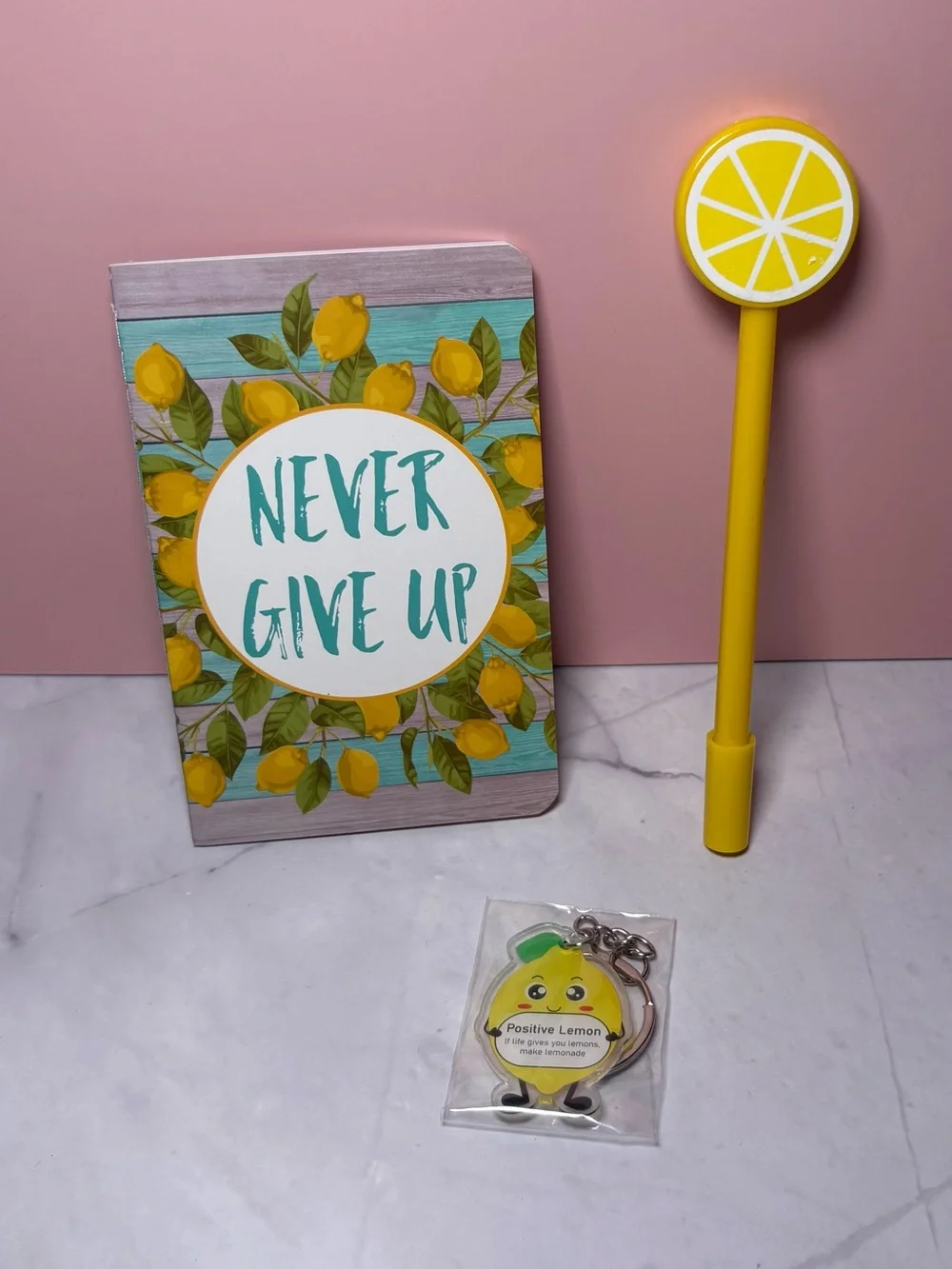 Lemon Print ‘Never Give Up’ Mini Notebook, Pen and Keychain